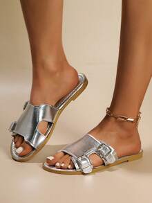 女士欧美风格平底凉鞋，时尚百搭街头风格户外派对学生沙滩休闲优雅 - 銀色 - 查看 13