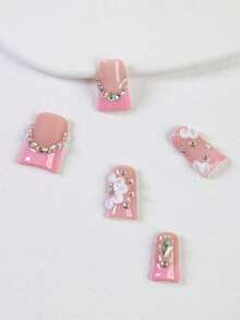 10 móng giả màu hồng Y2K kiểu Pháp dập nổi, họa tiết hoa 4D, trang trí đá lấp lánh, phong cách dễ thương và nữ tính, phù hợp cho các dịp hàng ngày, thường ngày và thư giãn, món quà tuyệt vời cho phụ nữ và các cô gái, dụng cụ làm móng thủ công, móng giả dán. - Hồng - Xem 5