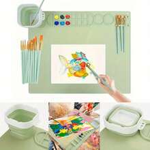 1 Set 20x16 Inch Silicone Canvas With Water Cup, Art Craft Mat Includes 10 Paint Brushes, Green, Pink, Blue - Multicolor - View 12