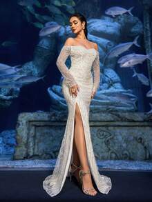 Faeriesty Đầm dạ hội trễ vai đính cườm sang trọng với đường xẻ tà đuôi cá và tay áo voan mỏng - Thiết kế đính sequin tinh tế dành cho đám cưới, sự kiện thảm đỏ, tiệc trang trọng và các buổi hợp tác với thương hiệu cao cấp, thanh lịch, thích hợp cho kỳ nghỉ xuân. - trắng - Xem 8