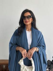Kiểu dáng Abaya dài tay cánh dơi rộng rãi, màu trơn, kết hợp với khăn trùm đầu Hijab, Kaftan kín đáo cho dịp Eid mùa xuân. - Màu xanh hải quân - Xem 5