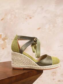 Women's Round Toe Thick High Heel Sandals, New Fashion Sexy Lace-Up Shiny Elegant Formal Shoes, Platform Wedge Summer Sandals Suitable For Party, Banquet, Date, Casual Wear In Spring - Green - View 6