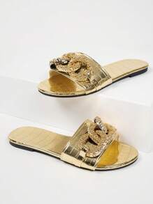 Women Flat Slide Sandals, Open Toe Gold Chain Design, Fashion Slippers For Summer Beach