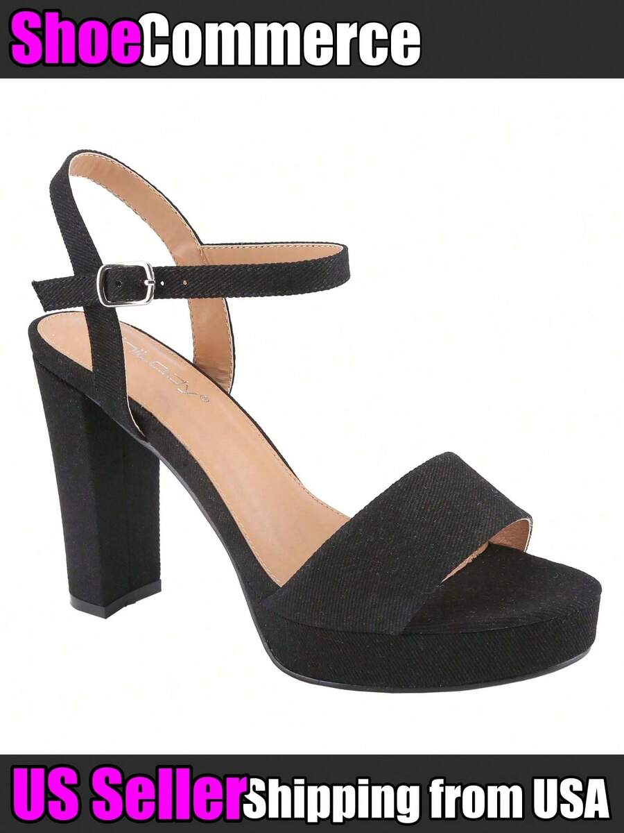 Women's Denim Platform Heels Open Toe Ankle Strap Chunky High Heel Sandals Block Heel Platfrom High Heeled Sandals Summer Spring Easter Prom Shoes Heels - 黑色 - 查看 1