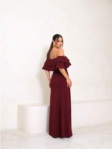 Long Off-The-Shoulder Mermaid Dress With Slit For Wedding Bridesmaid Bride Graduation And General Event - Redwood - View 4
