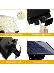 1 pieza Luz de pared exterior con sensor de movimiento alimentada por energía solar con 106 LED - Impermeable, haz de luz de 120°, incluye cable de 5,03 metros - Perfecta para acampar, jardines, pasillos y garajes
