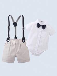 BOARNSEORL 2pcs Young Boys Gentleman Outfit - Short Sleeve Collared Shirt With Bowknot And Suspender Shorts, Fashionable And Stylish For Birthday Party, Wedding, Wedding Reception - White - View 2