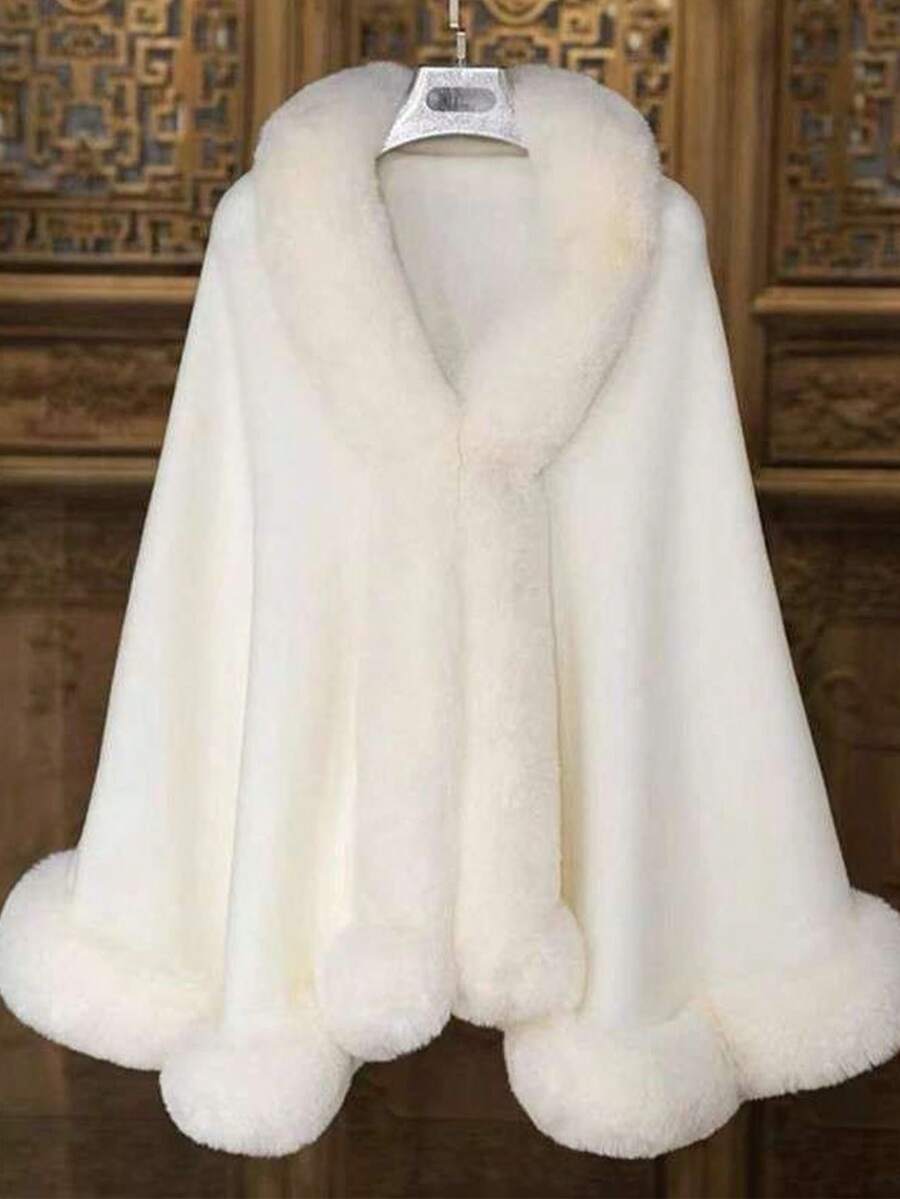 1pc New Faux Fur Collar Shawl Cardigan For Women, Solid Color Plus Size Knit Loose Wrap Shawl, Romantic Warm Cloak Dress Coat - A - 查看 1