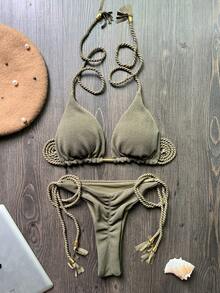 两件套纯色流苏性感女士比基尼套装，编织泳衣，沙滩分体泳衣，夏季度假泳装 - 軍綠色 - 查看 1