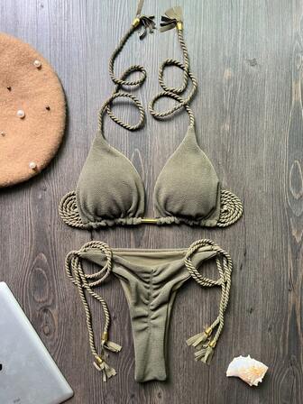 2 件纯色流苏性感女士比基尼套装，编织泳衣，沙滩分体泳衣