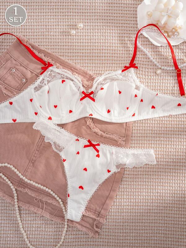 1 set Set sutien cu dantelă cu imprimeu alb pentru femei