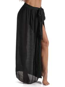 Falda pareo con lazo lateral en color liso - Negro - Ver 3