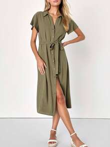 Robe de couleur unie pour femme, en tissu tissé casual - Vert - Voir 1