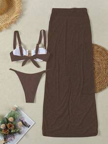 Polovedo 官方新款春夏性感卡其色三件套女士比基尼套装，金属太阳装饰，优雅比基尼搭配罩衫和裙子，适合海滩度假派对约会穿着。 - 卡其色 - 查看 6