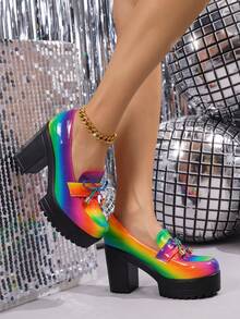 Damen Regenbogen-farbige Schleife Plateau Slip-On Schuhe, modische personalisierte High Heels, koreanischer Stil geeignet für Kleine, vielseitige Lässig Plateau Creeper Loafer, britischer Stil - Verschiedenfarbig - Übersicht 9