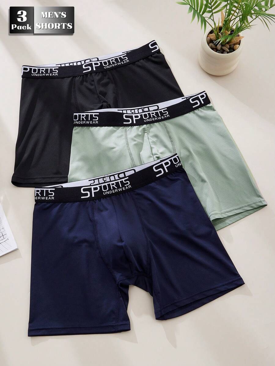 3 件/包男士撞色字母腰带内裤，休闲、通勤、运动风格，舒适透气三角裤 - 彩色 - 查看 1