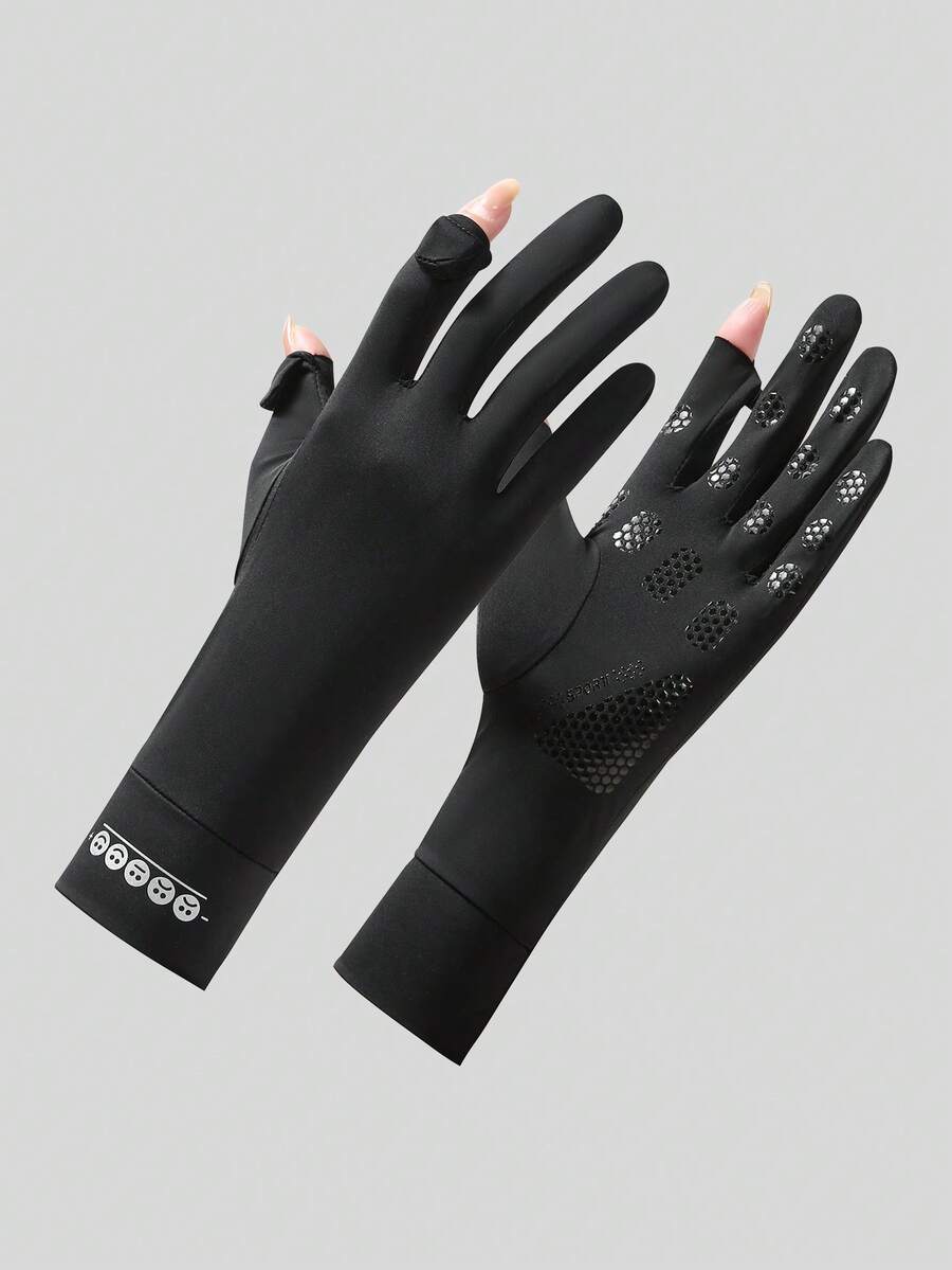 1 Pair Women's Mid-Length Sun Protection Gloves, Summer Breathable Anti-Slip Cycling Ice Silk Fingerless Flip Cover Gloves - Black - View 1