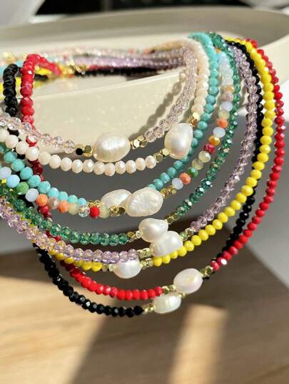 Collar de cristal brillante y perla natural, estilo minimalista de moda y colorido tipo gargantilla, adecuado como accesorio de primavera/verano (las formas y tamaños de las perlas naturales son aleatorios)