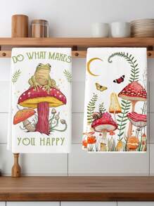 2 Pcs Bohemian Frog And Mushroom Kitchen Towels Super Soft Microfiber Hand Towels Cartoon Botanical Design Knitted Microfiber Farmhouse Tea Towels Bathroom And Home Decor