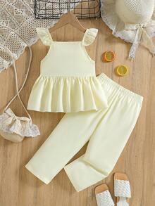 Set 2 buc. fete, top și pantaloni cu mânecă scurtă brodați cu flori colorate, ținută casual confortabilă pentru exterior/sărbători/zi de naștere, vară - Caisă - Vizualizare 4