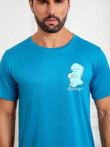 2pcs/Set Men's Blue Short Sleeve Dinosaur Print T-Shirt And Shorts Pajama Set - Blue - View 7