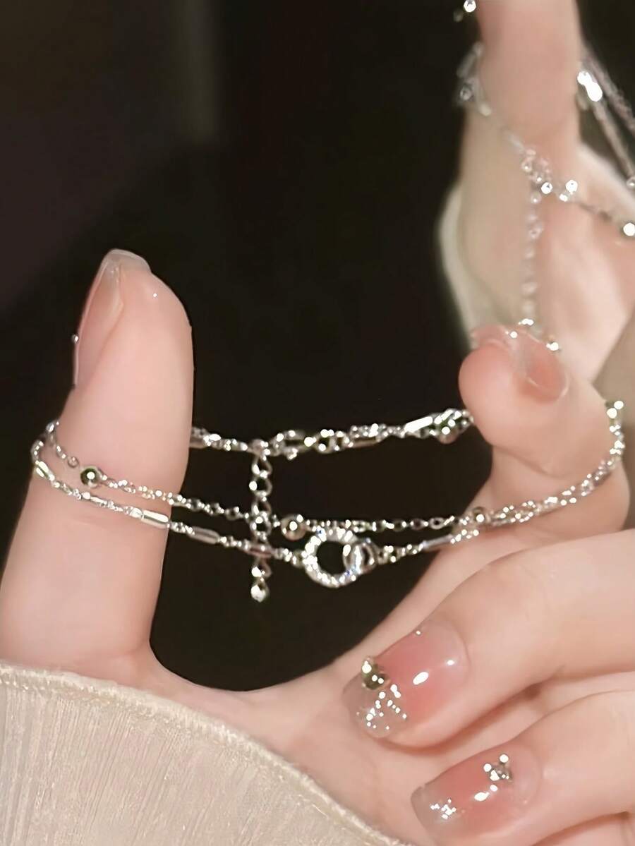 1 件甜美时尚双层球和环形装饰手链，适合女性日常、节日、派对穿着 - 銀色 - 查看 1