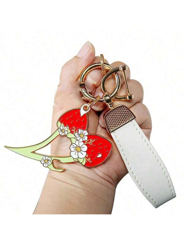 1 pieza Abridor de botellas de metal con forma de flor de fresa, multifuncional, con punta afilada y correa de cuero sintético PU, adecuado para uso diario, regalo y diversas ocasiones, portátil y práctico