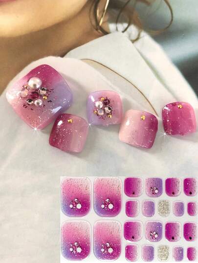 春夏新款亮丽色彩粉色3D水钻设计22片渐变扎染美甲贴纸