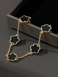 1pc Men's Fashion Lucky 5-Leaf Clover Bracelet, Classic Business Design - Black - View 2