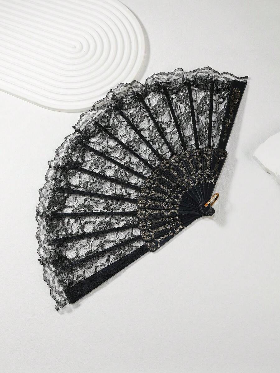 Plastic Frame Handheld Portable Fan, Smooth Retro Design, Essential Cooling Accessory For Weddings, Nightclubs And Cosplay - Princess Theme Retro Fabric Hand Fan Halloween - Black - View 1