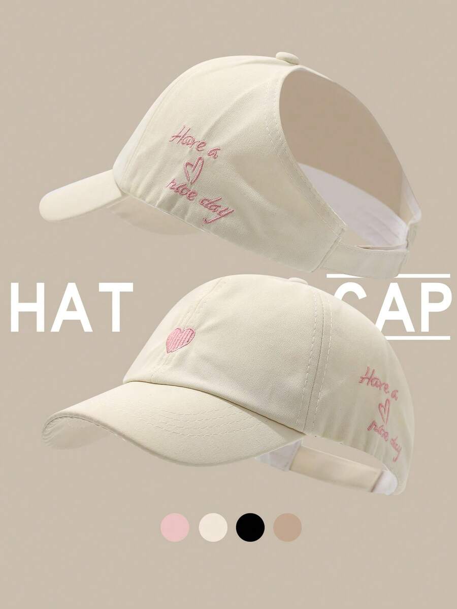Love Embroidery Children's Baseball Cap For Spring Summer, Empty Top Baseball Cap For Girls, UV Ion Sun Hat For Ponytail, Spring And Autumn Sun Hat For Daily Outdoor Activies, For 3-10 Children - Multicolor - View 1