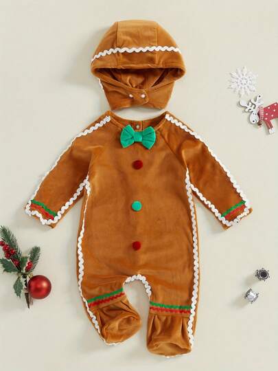 Baby Gingerbread Costume Boy Girl Christmas Outfit Footies Romper With Hat Cosplay Outfit