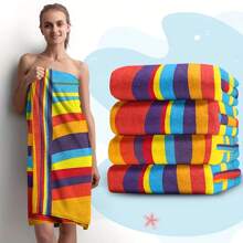 1 Oversized Striped Beach Towel With Blue Sea Turtle And Starfish Design, Bohemian Style Beach Blanket In Soft And Quick Dry Microfiber, Vibrant Striped Pattern Suitable For Travel, Yoga, Camping, Swimming - Perfect Bath Towel, Beach Towel, Camping Gear | Tropical Style | Polyester Blend Summer Travel, Vacation Holiday Bathroom Decor Beach Essentials