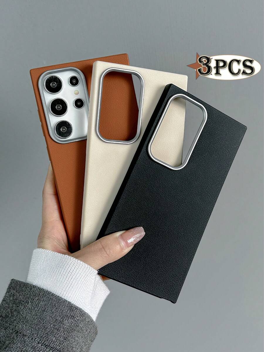 3件套奢华皮革纹理手机壳，兼容/Galaxy，黑色、棕色、米色