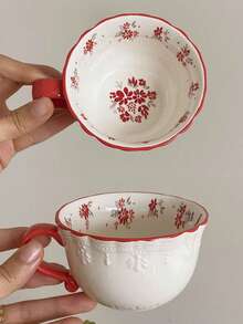 1 pieza/2 piezas/4 piezas Taza de té de la tarde de cerámica con relieve floral rojo estilo coreano Ins, taza de café de cerámica floral vintage, apta para desayuno, leche, postre, agua, oficina, sala de estar, uso diario