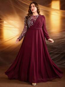 Plus Size Jeweled Embroidered Ruffle Trim Maxi Formal Dress, Elegant Long Sleeve Round Neck Solid Color Gown Spring Vacation - Burgundy - View 5