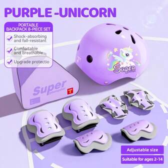 8pcs/7pcs/6pcs Sports Gear Set: Helmet, Knee Pads, Elbow Pads, Hip Pad, Palm Protector, Suitable For Cycling, Skateboarding, Skating, Scooters Etc. Breathable, Comfortable, Adjustable, Lightweight, Purple Unicorn/ Princess Pink, Blue/Orange Dinosaur, Multiple Colors & Quantities Available