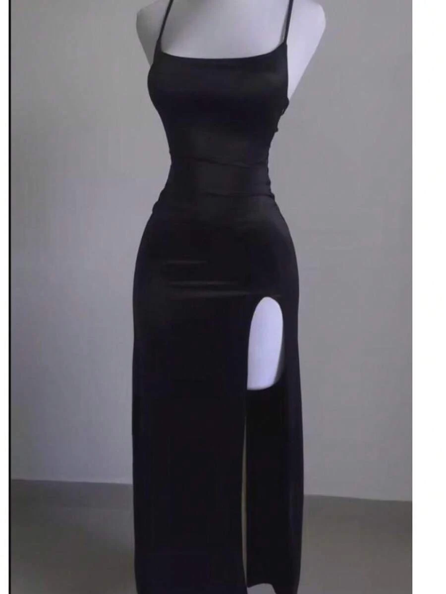 Women's Long Bodycon Dress With Slit Braided Back Elegant - Negro - Ver 1