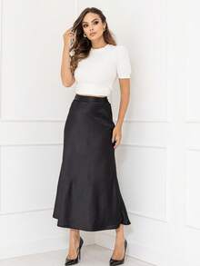 Elegant Long Skirt Women's Fashion Satin Skirt With Side Zipper Code167 - 黑色 - 查看 2