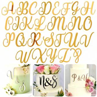 Conjunto de 27 piezas, Letras del alfabeto en inglés de acrílico dorado, Decoración personalizable para pasteles, Toppers de pastel para boda, cumpleaños u otras fiestas