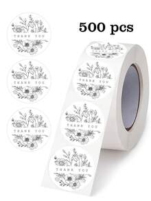 500pcs/Roll Linear Floral "Thank You" Doodle Stickers, Minimalist Black Line, Round Seal Stickers For Gifts, Envelopes, Cards, Party, Wedding Decor, PVC Waterproof Stickers - Black and White - View 8