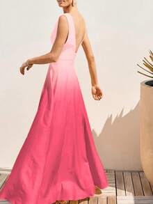 فستان رقيق بياقة V وخصر عالٍ ذو لون تدرجي، بأسلوب إجازة فرنسي قديم، موضة كاجوال للربيع والخريف 2025