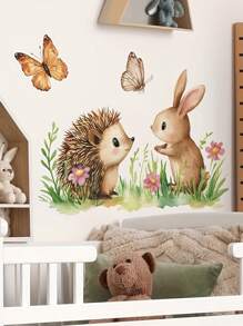 1 pièce Décalcomanie murale de style glamour avec imprimé animal, hérisson, lapin avec papillons et fleurs. Autocollants amovibles et imperméables en PVC pour le salon, la chambre, le dortoir, la salle de classe, la décoration murale de la maison, la salle de bain, la décoration d'automne, les accessoires de salle de bain