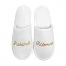 Women Bridesmaid Embroidered Logo Full Cover White Coral Fleece 28cm Length Slippers, 6mm Thick Comfortable EVA Sole, Disposable Wedding Supplies - All Inclusive Bridemaid - View 3