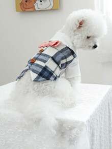 PETCIRCLE 1件寵物衣服 狗貓服裝套裝 比熊泰迪小型犬幼犬可愛寵物 春秋拍照禮服 藍色格紋燕尾服 - 彩色 - 查看 4
