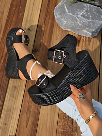 Women's Summer Fashionable Popular Metal Buckle Platform Wedge Sandals, Double Buckle Hook And Loop Adjustable, Open Toe, Casual For Vacation, Matching, High Heels