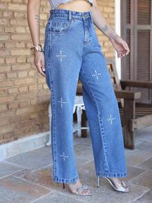 Women's Wide Leg Jeans With Embroidered Cross Arrows, New - Medium Wash - View 5