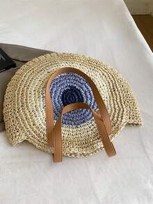 1 件新款度假风格撞色编织手提包，大容量沙滩包，单肩包，适合旅行和度假，可折叠且轻便