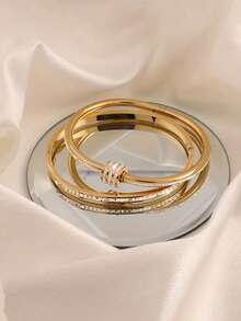 Stainless Steel Rhinestone Bangle Set, Fashion Versatile Design, Suitable For Gifts And Daily Wear - Yellow Gold - View 5
