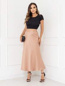 Elegant Long Skirt Women's Fashion Satin Skirt With Side Zipper Code167 - 米色 - 查看 2